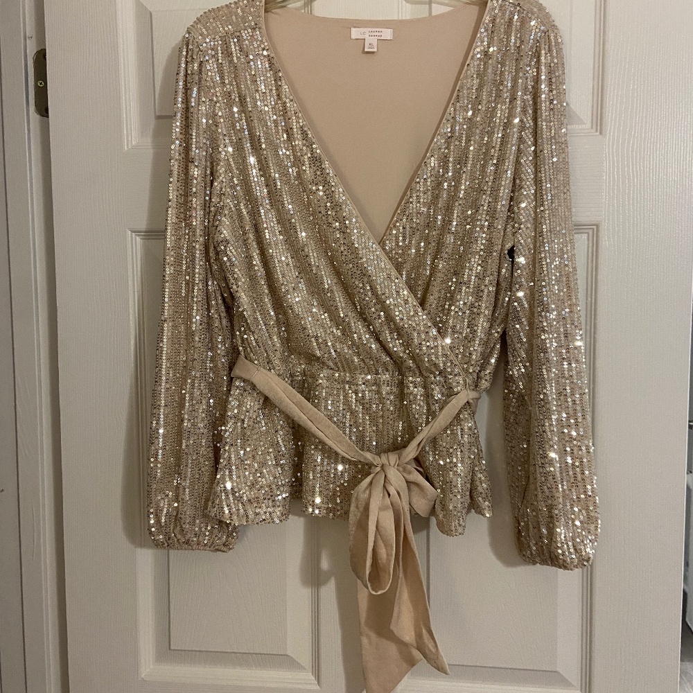 Sequin peplum faux wrap top